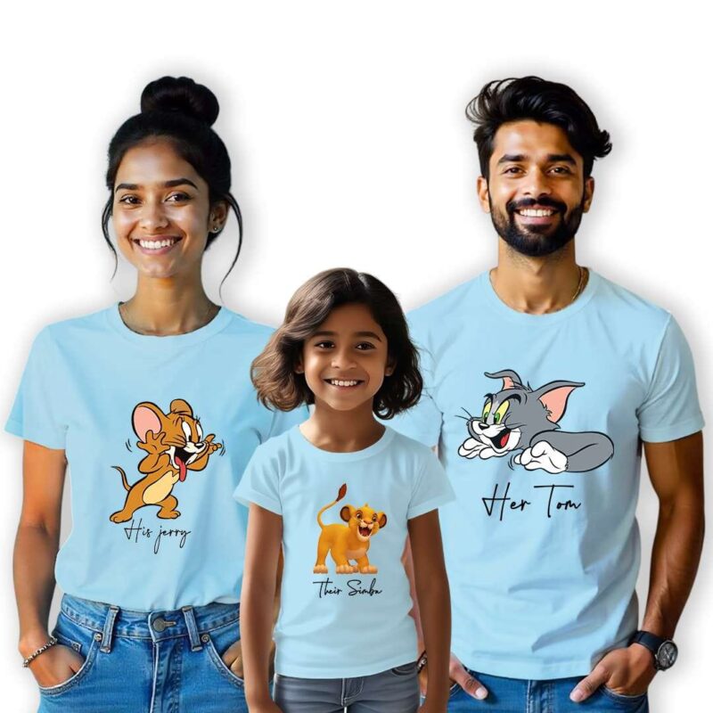 Matching Family Cartoon Unisex T-Shirt Set – Tom, Jerry & Simba Edition