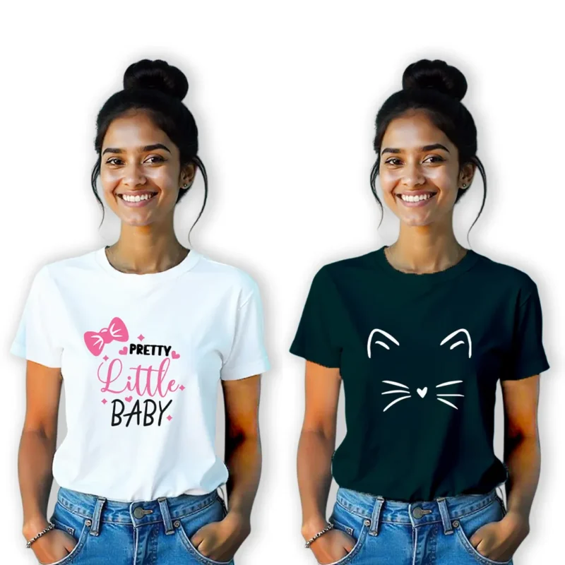 Printed Round Neck Unisex Tshirt Combo Pack of 2 (White, Midnightgreen)