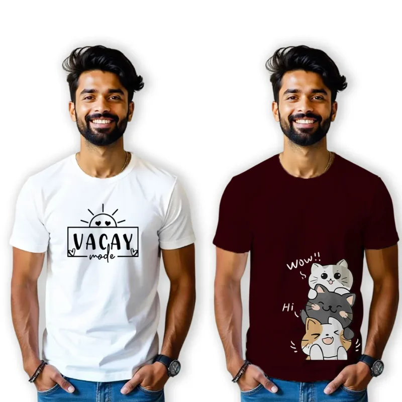 Printed Round Neck Unisex Tshirt Combo Pack of 2 (White, Rocky Maroon)