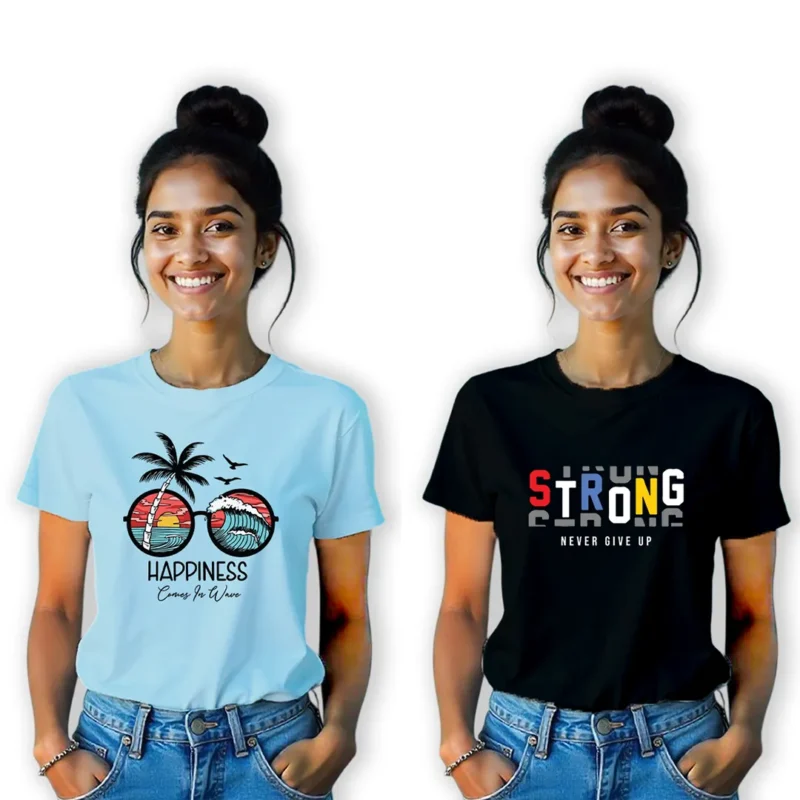 Printed Round Neck Unisex Tshirt Combo Pack of 2 (Cool Blue, Black)