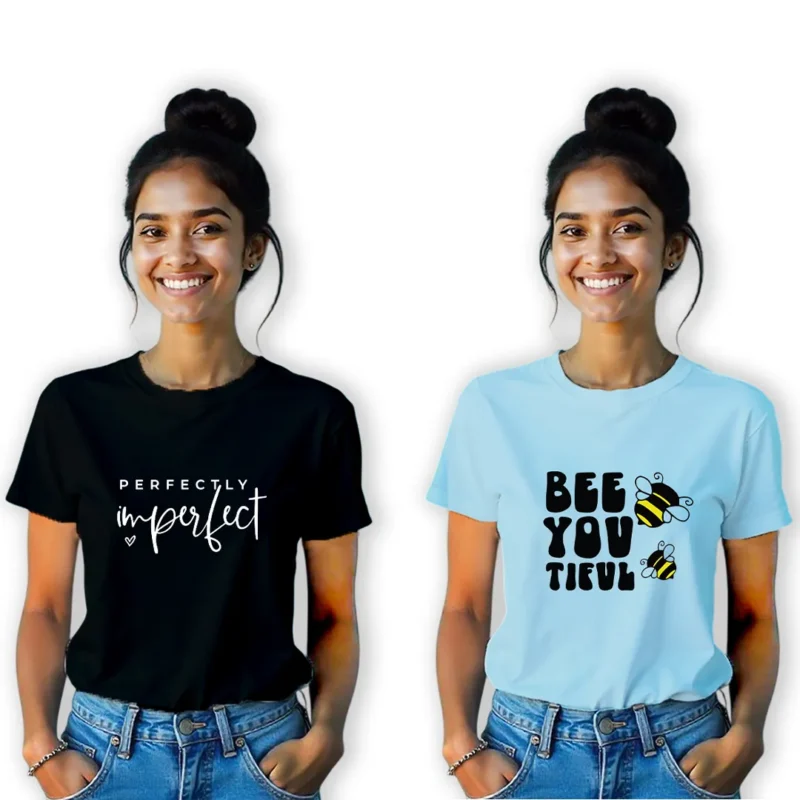 Printed Round Neck Unisex Tshirt Combo Pack of 2 (Black, Cool Blue)