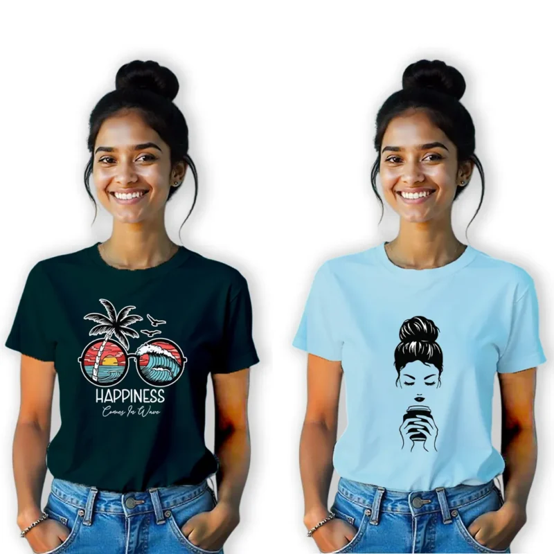 Printed Round Neck Unisex Tshirt Combo Pack of 2 (Midnightgreen, Cool blue)