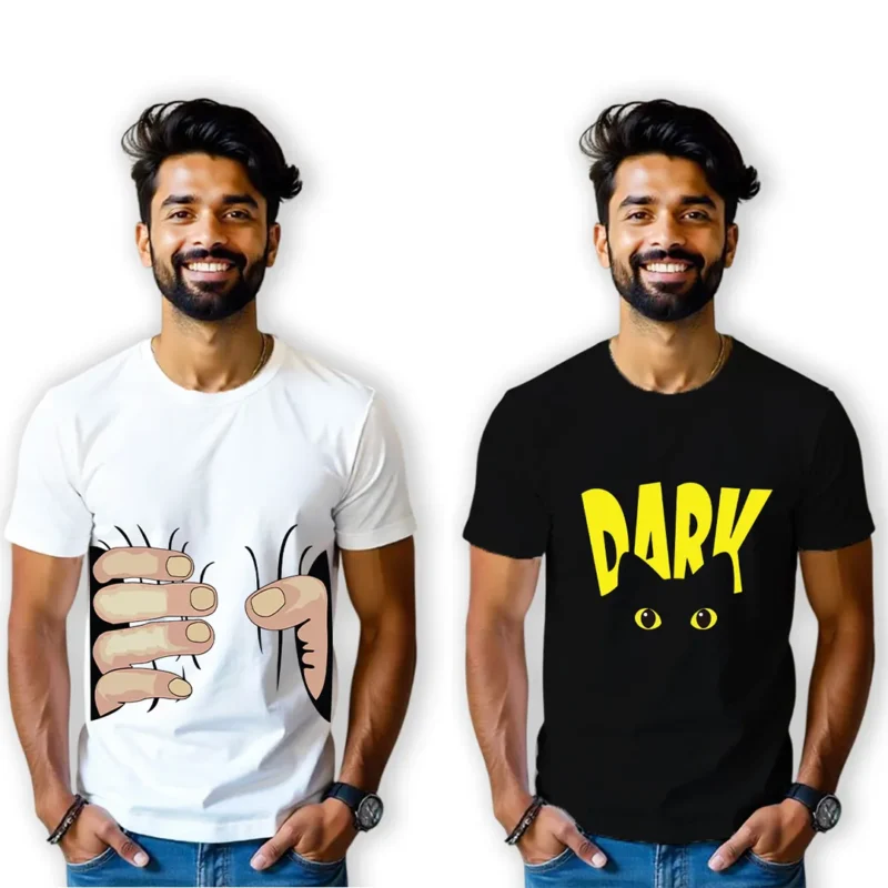 Printed Round Neck Unisex Tshirt Combo Pack of 2 (White,Black)