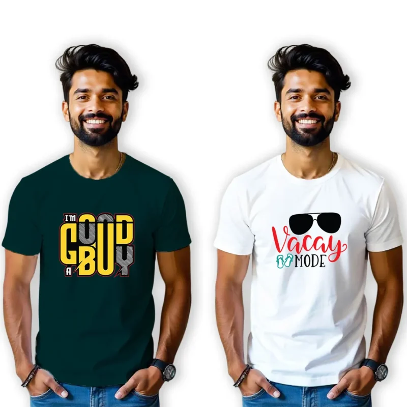 Printed Round Neck Unisex Tshirt Combo Pack of 2 (Midnightgreen, White)